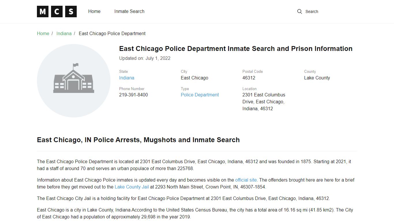 East Chicago Police Department Inmate Search and Prison Information